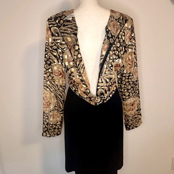 Vintage Metallic Gold Floral Bodice Dress, Size 10 - Picture 9 of 14